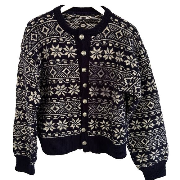 Wool Nordic Cardigan Sweater Navy Blue White Fair Isle Ski Size Medium Large???? - Picture 1 of 7